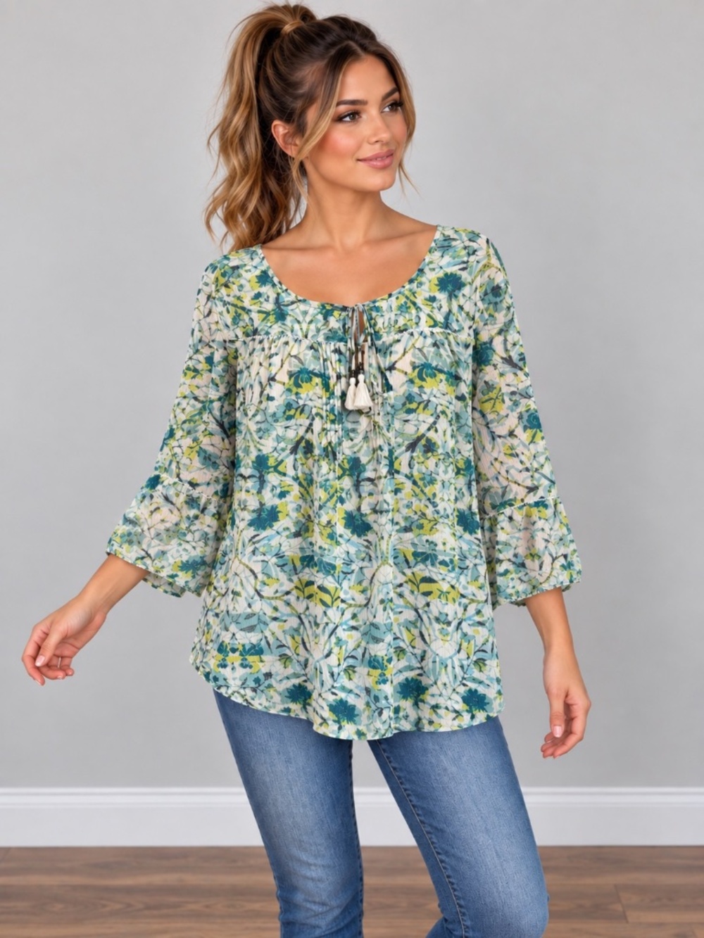 St. John’s Bay Floral Boho Peasant Blouse Tassel 3/4 Sleeve Top Size Large